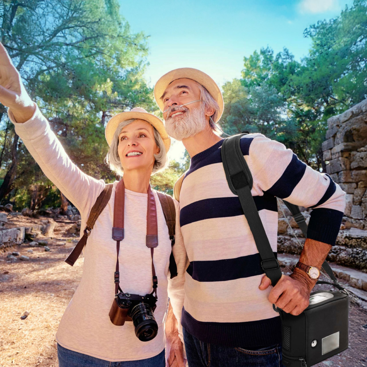 Kingon P2-E Portable Oxygen Concentrator - Patient outdoors walking with worlds lightest portable oxygen concentrator